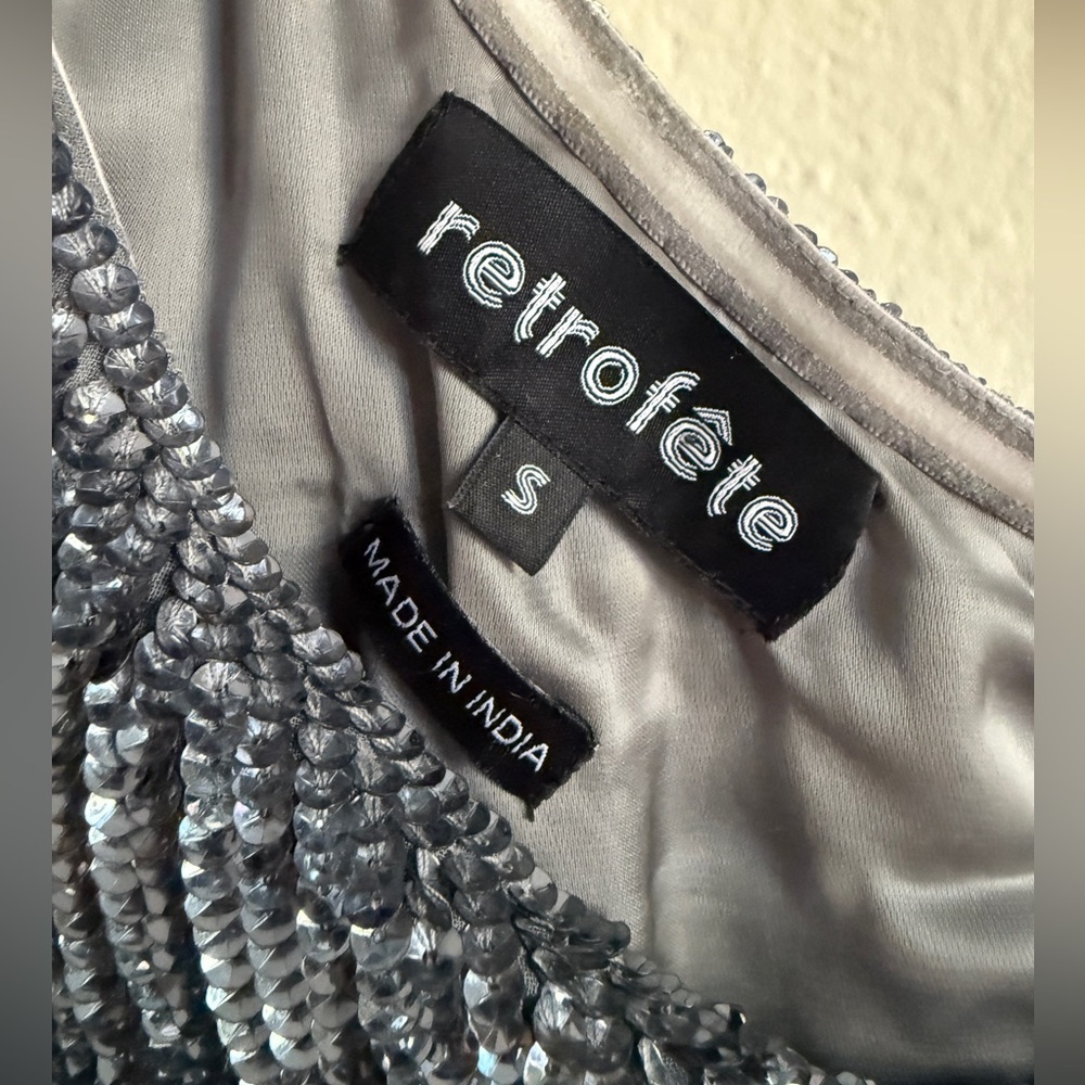 RETROFÊTE Bridgette one-shoulder velvet-trimmed sequined chiffon mini dress SZ S - Picture 5 of 6